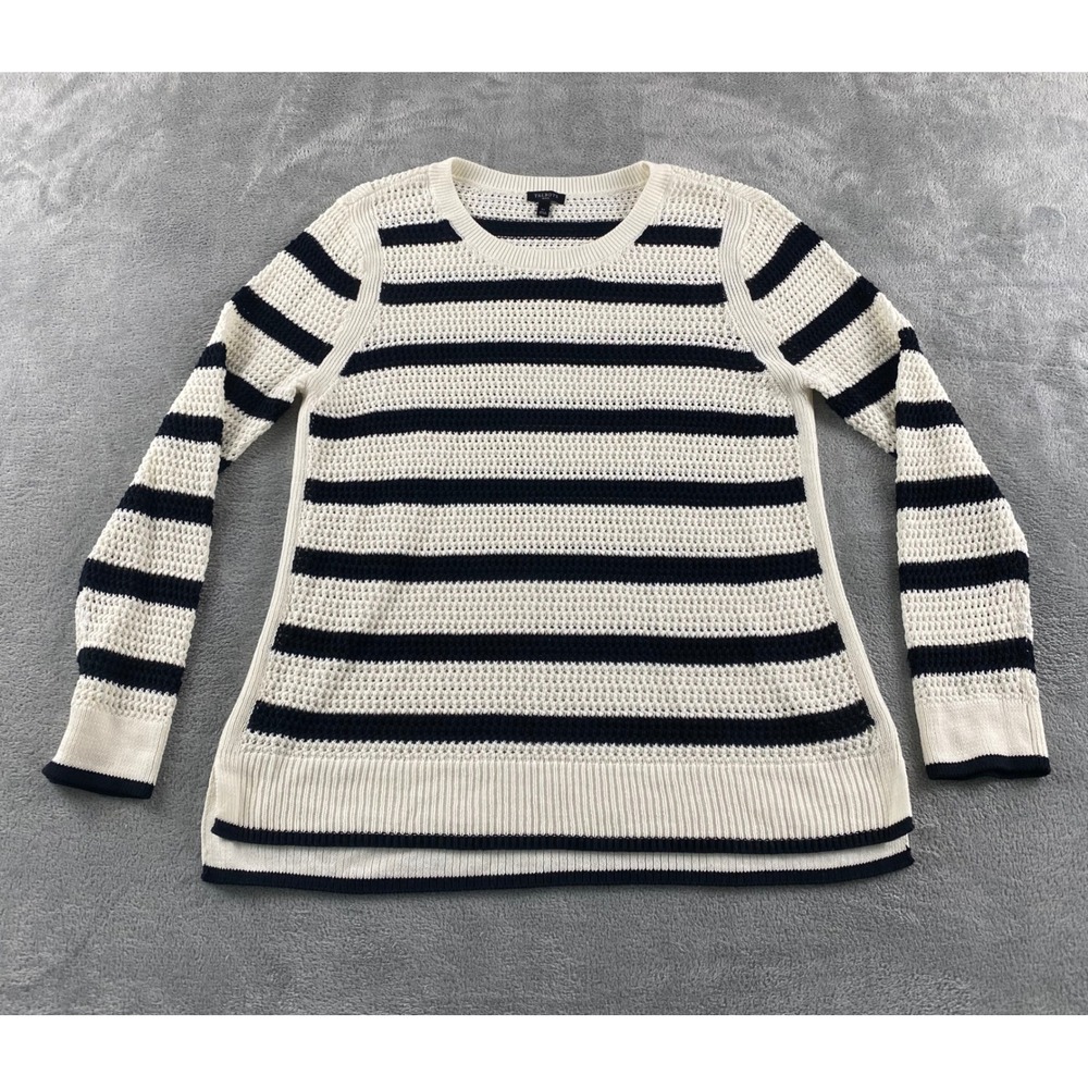 Talbots Petite Striped Cotton Open Knit Sweater Navy Ivory LP Side Slit Pullover